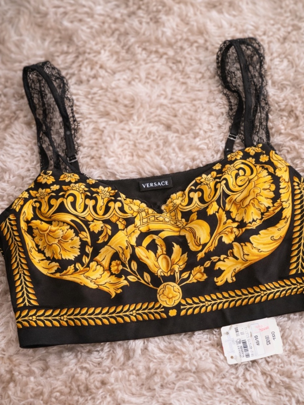 Versace Black and Gold Baroque Lace-Trim Crop Top